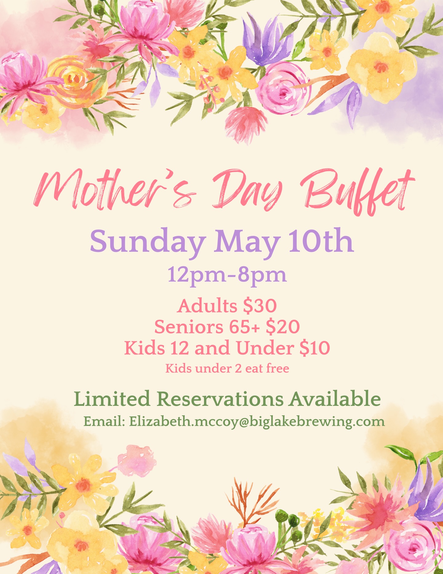 🌷 Celebrate Mom at Big Lake 

We’re hosting a full buffet all day long, featuring a soup and salad bar, slow-roasted prime beef, grilled chicken bruschetta, lemon pepper baked cod, citrus roasted pork loin, a variety of pastas and pizzas as well as a kids food station. We can’t wait to celebrate with you! 🎉

The Details:
- Hours 🕐: 12:00 PM – 8:00 PM
- Dining 🍹: To ensure everyone stays comfortable, all dining will be indoors only for the day.
- Reservations 📲 : We have limited spots available for the afternoon!

Give the pub a call today to reserve your table. We can’t wait to celebrate with you! 💓