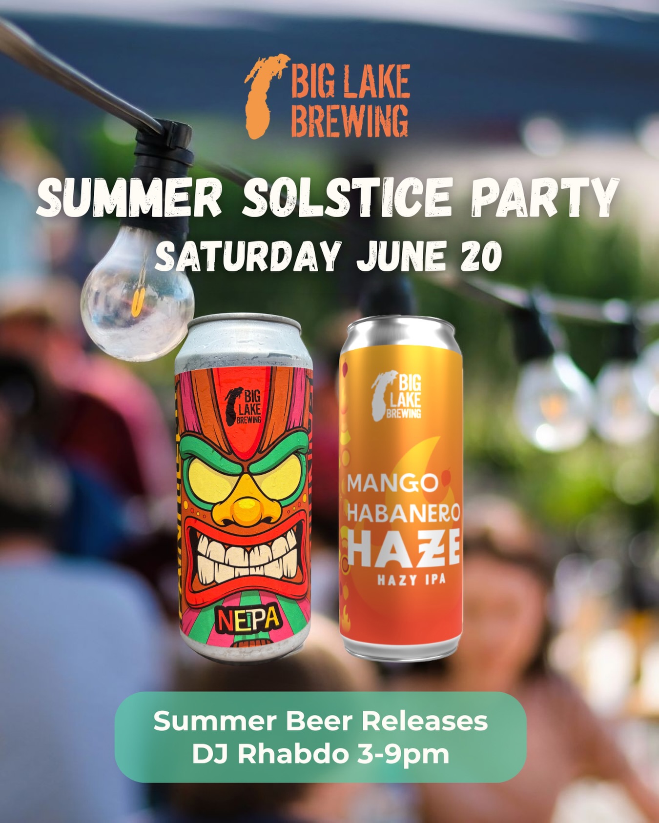 Kick off the start of summer on the Big Lake patio! ☀️ Join us for our Summer Solstice Patio Party on Saturday June 20 from 3-9pm. We’ll be releasing two seasonal beers: Mango Habanero Haze (You heard that right, it’s back!) & Painkiller IPA, our award winning IPA inspired by the well-known cocktail 🍹

There will also be live entertainment from DJ Rhabdo from 3-9pm. He was a blast during Tulip Time and we cannot wait to have him back on our patio. This is a party you won’t want to miss! 🎶