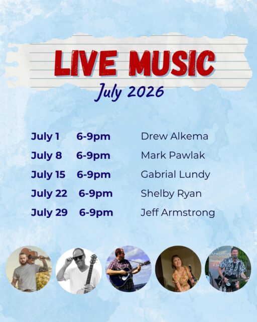 Check out this month’s music line up! We've got lots of great musicians playing on our patio this month 🎤🎸 Come check it out - Every Wednesday night 6-9pm 🍻