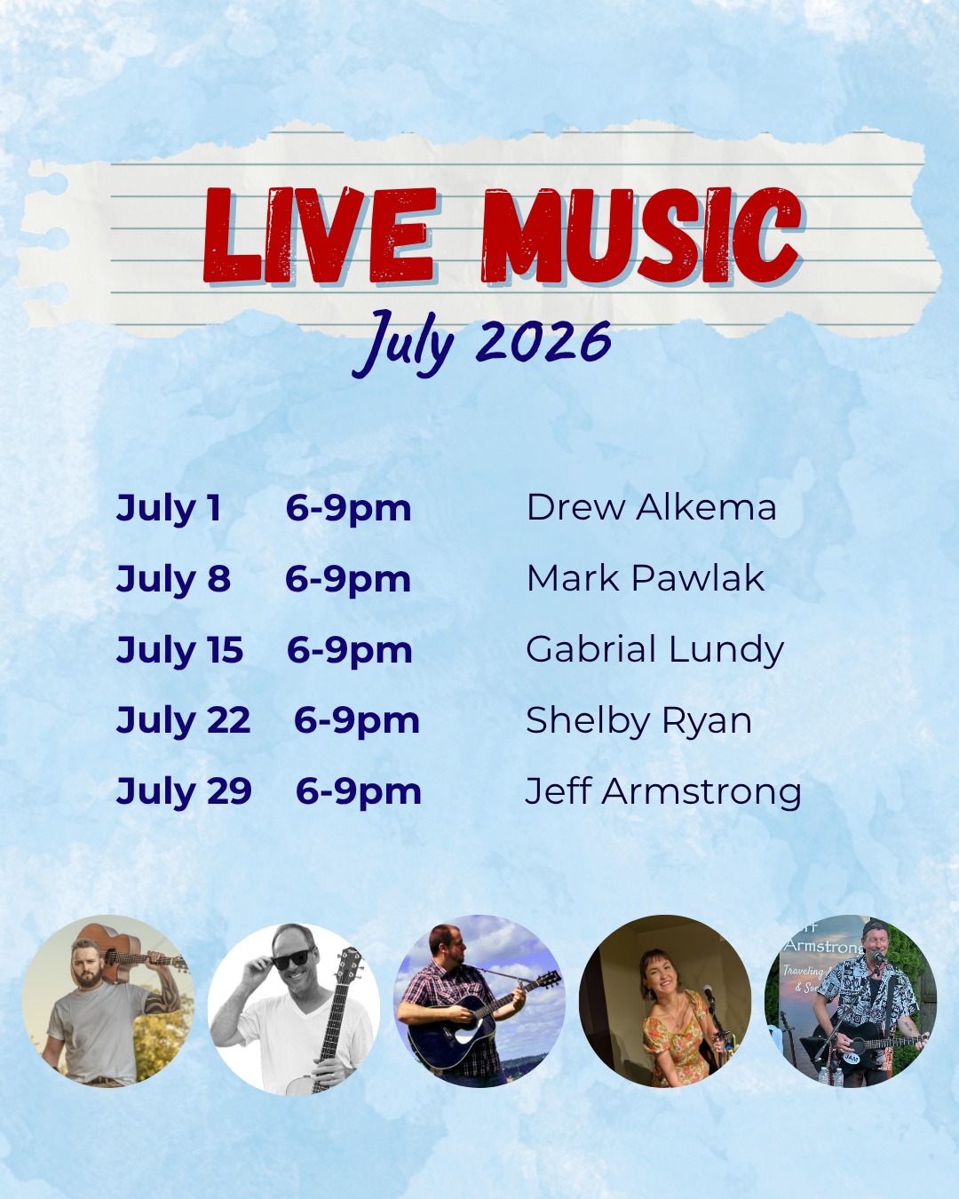 Check out this month’s music line up! We've got lots of great musicians playing on our patio this month 🎤🎸 Come check it out - Every Wednesday night 6-9pm 🍻